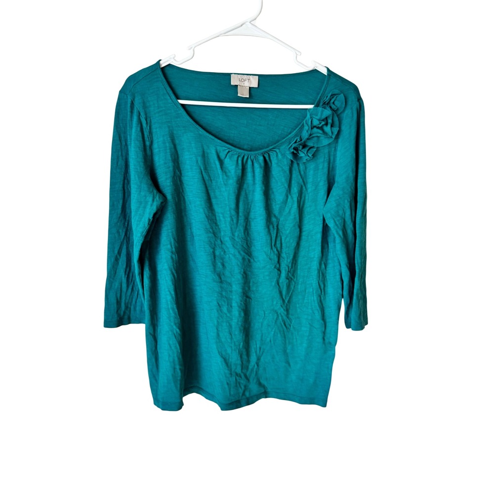 Ann Taylor LOFT Teal Rosette Slub Knit 3/4 Sleeve Top Large